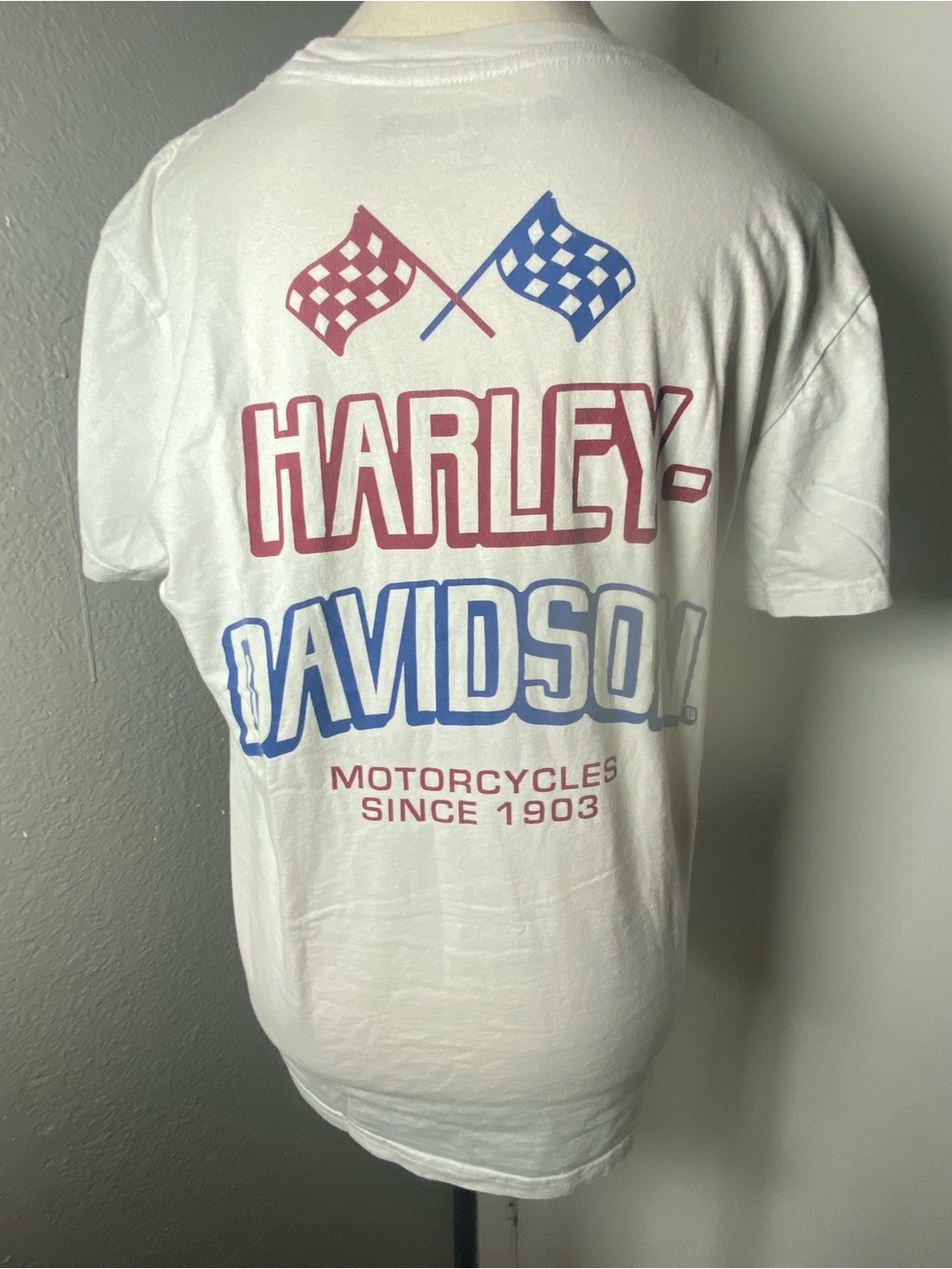 Harley Davidson White Red & Blue Race Flag Graphic T-shirt Size Medium